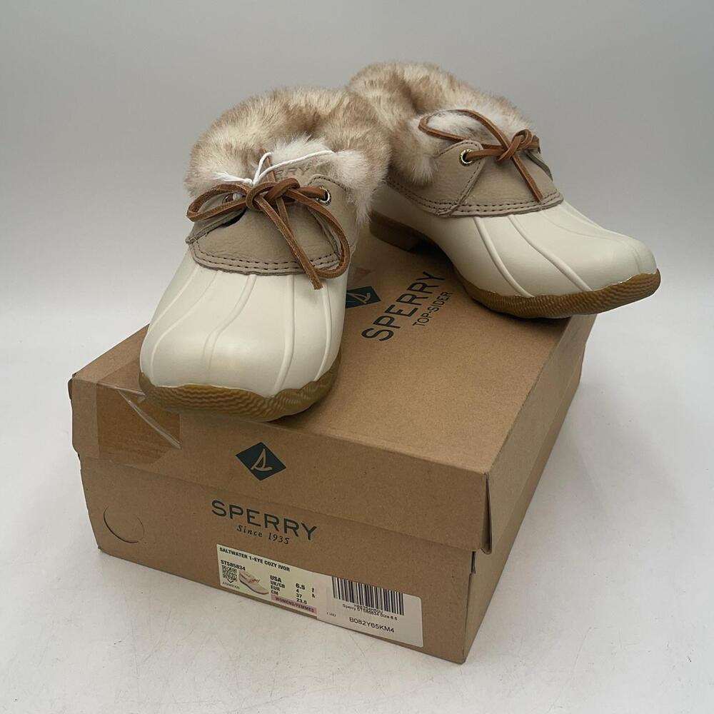 Sperry Slippers Womens White Saltwater 1-Eye Cozy Faux Fur Mule Slip On Size 6.5